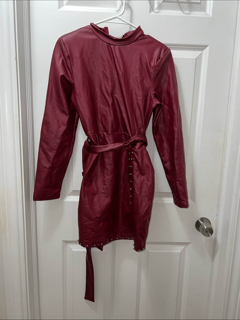 Stud-Trim Faux Leather Mini Dress in Deep Wine